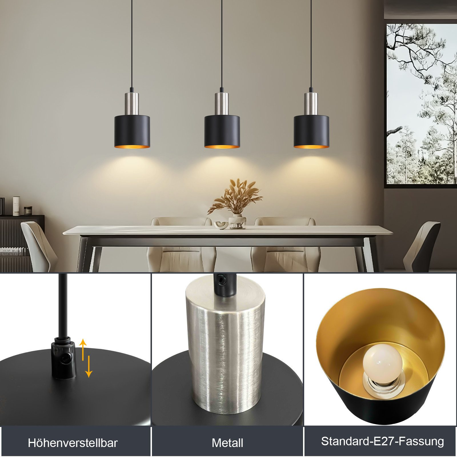 Trzy czarne i srebrne lampy wiszące nad stołem jadalnym. Szczegóły pokazano poniżej.