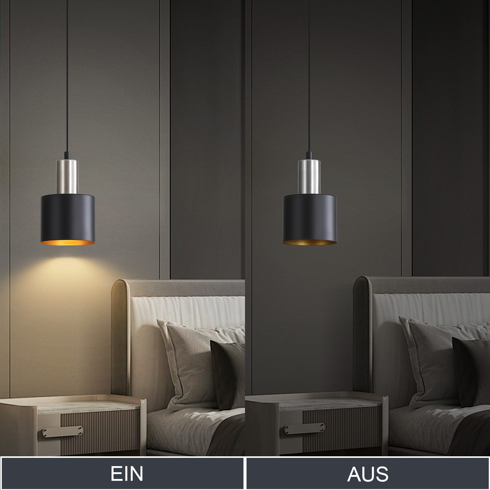 Dwie lampy wiszące. Jedna jest włączona, z ciepłym światłem. Druga jest wyłączona. Obie mają czarne klosze ze złotym wnętrzem.