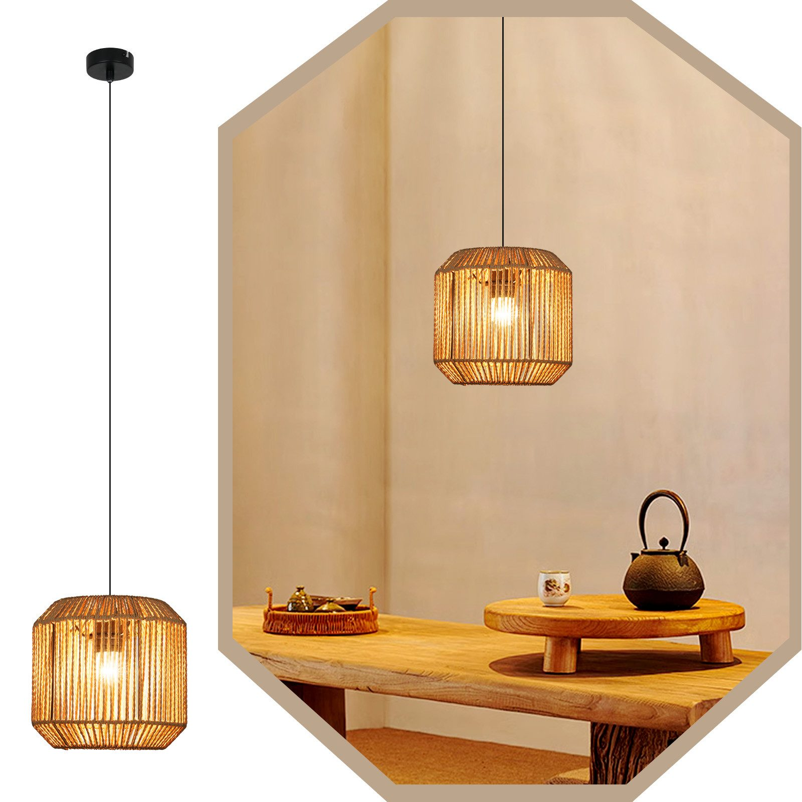 Lampada a sospensione con un design intrecciato. È appesa sopra un tavolo di legno con oggetti da tè.