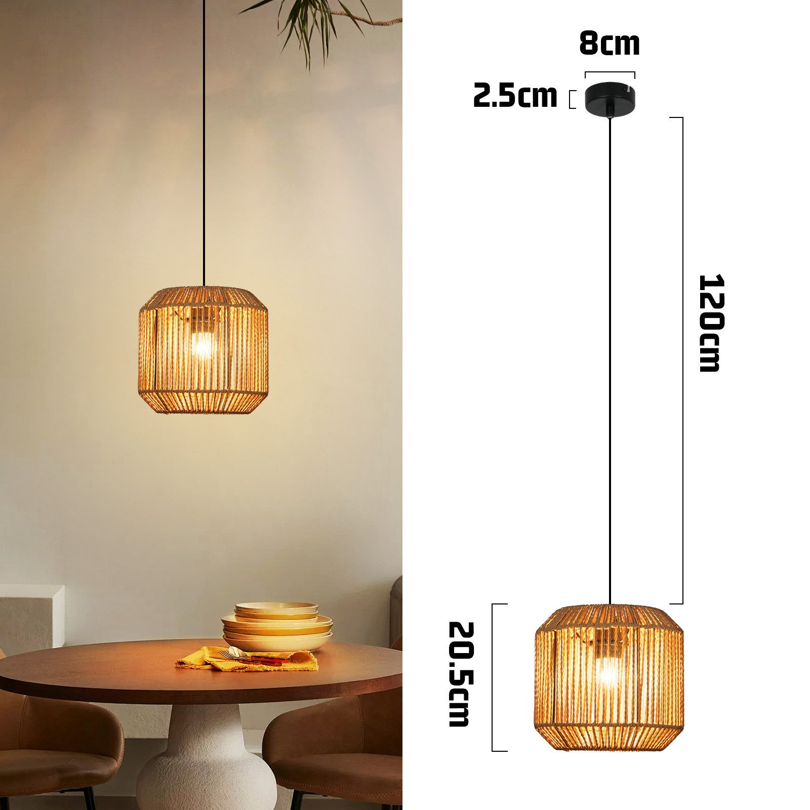 Lampada a sospensione in vimini con misure e dimensioni.