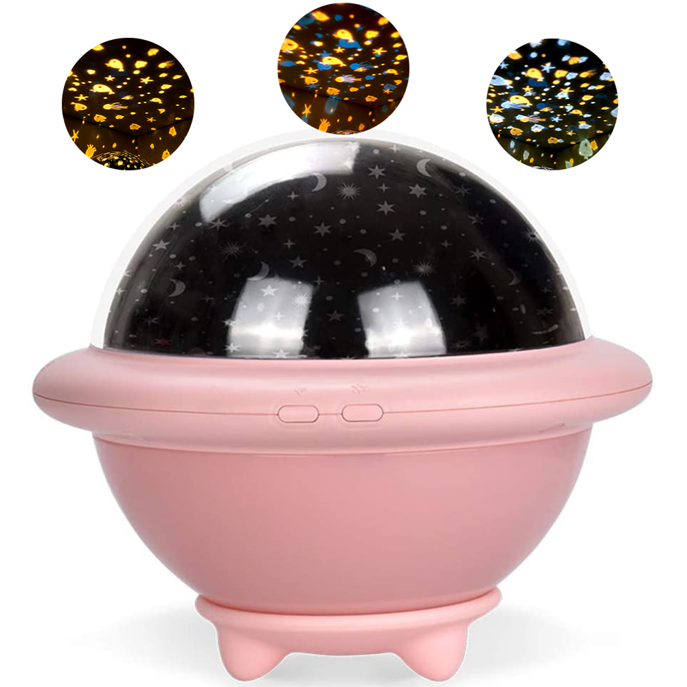 Rosa Planetarium-Projektor mit Kuppel, zeigt Sternenmuster. Drei verschiedene Sternenprojektionen.