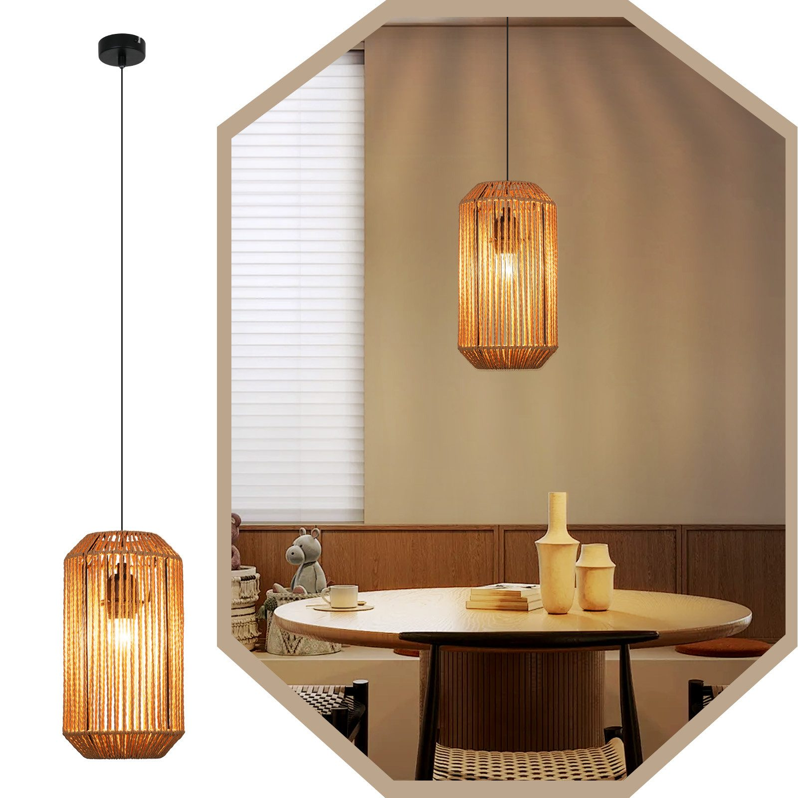 Wisząca lampa z tkanego materiału, oświetlająca scenę jadalni.