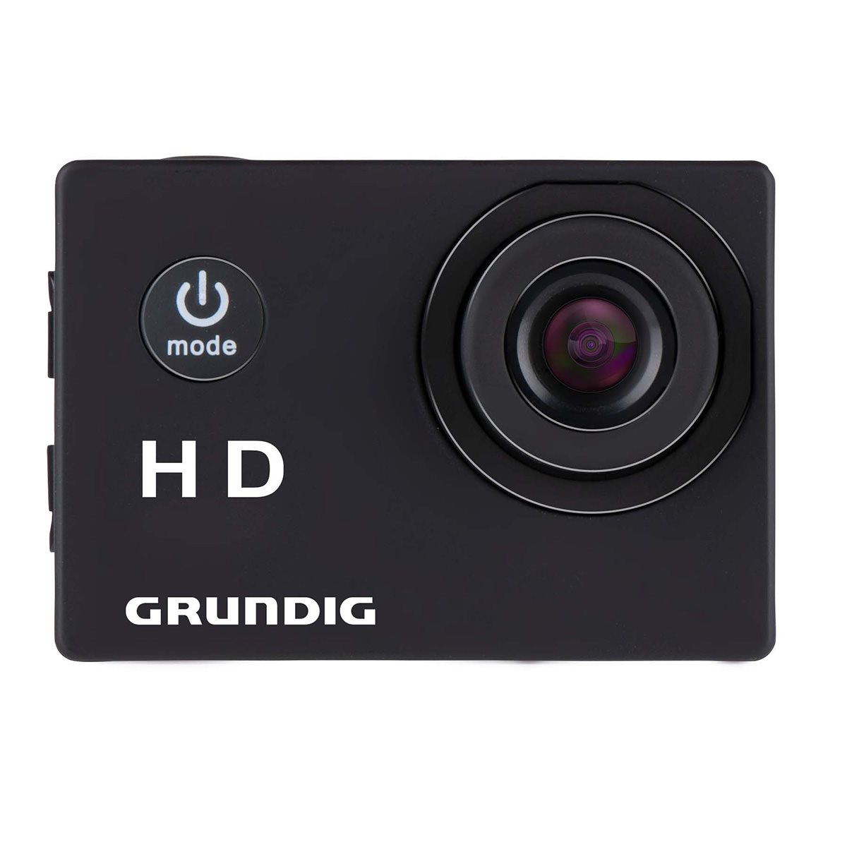 Schwarze Action-Kamera mit Objektiv und Power-Taste. Weiße Schriftzüge "HD" und "GRUNDIG".