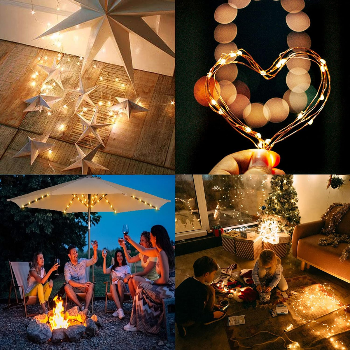 Collage von Lichtern: Sterne, Herz, Schirm mit Personen und ein Raum.