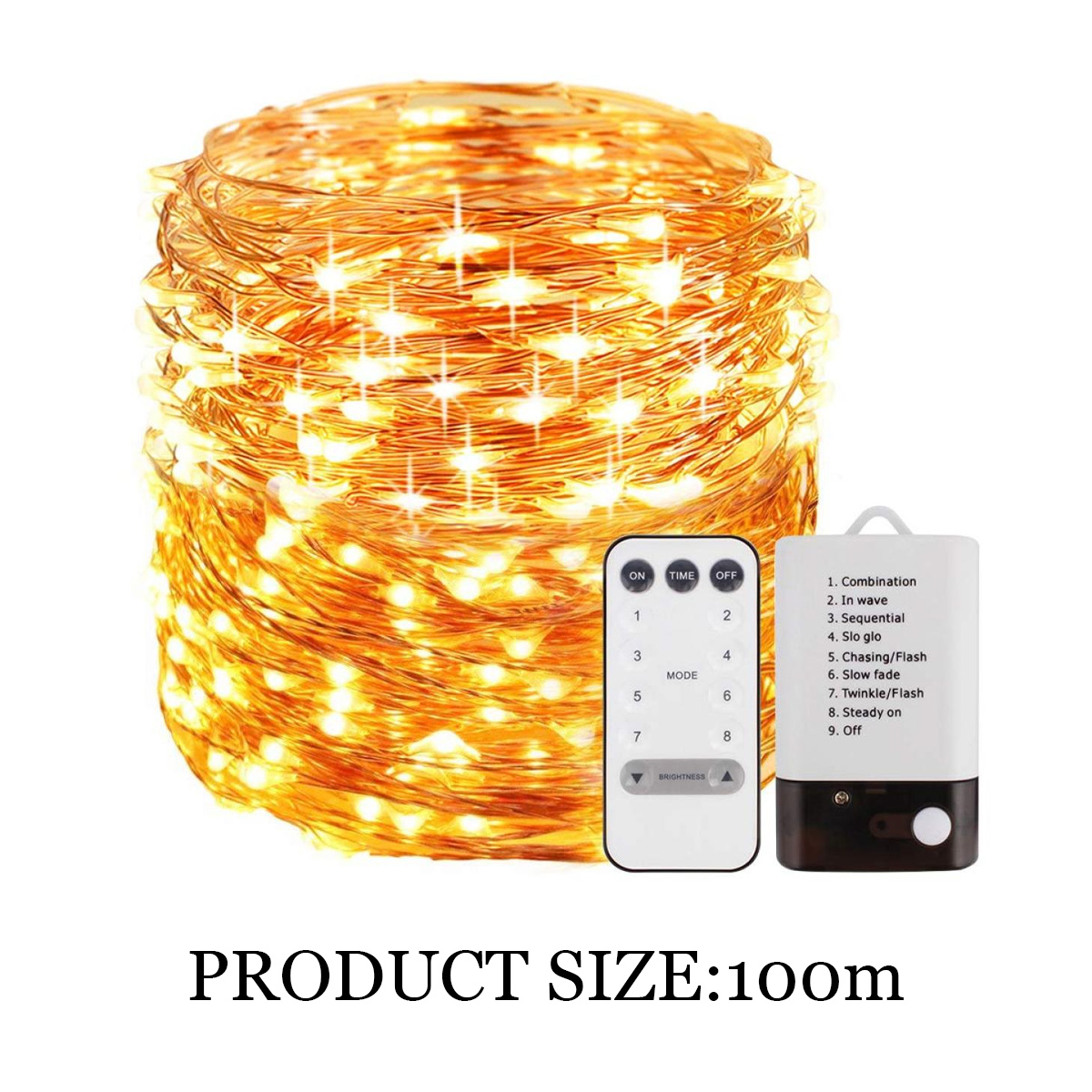 Ein Bündel goldener Lichterketten mit Fernbedienung und einem schwarzen Akku. Produktgröße: 100m.