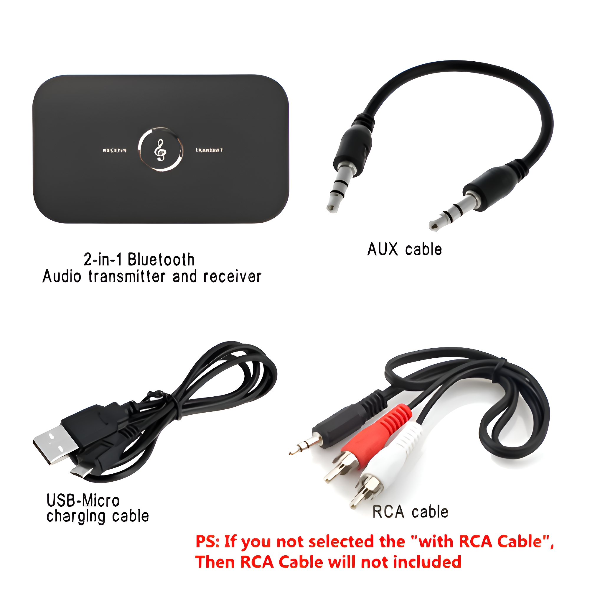 2-in-1 Bluetooth-Audio-Sender und -Empfänger mit AUX-Kabel, USB-Micro-Ladekabel und Cinch-Kabel.
