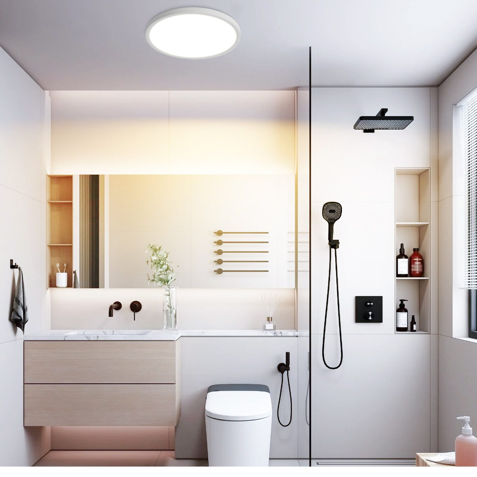 Un bagno moderno con pareti bianche, una doccia e un mobile in legno. Sono presenti elementi neri.