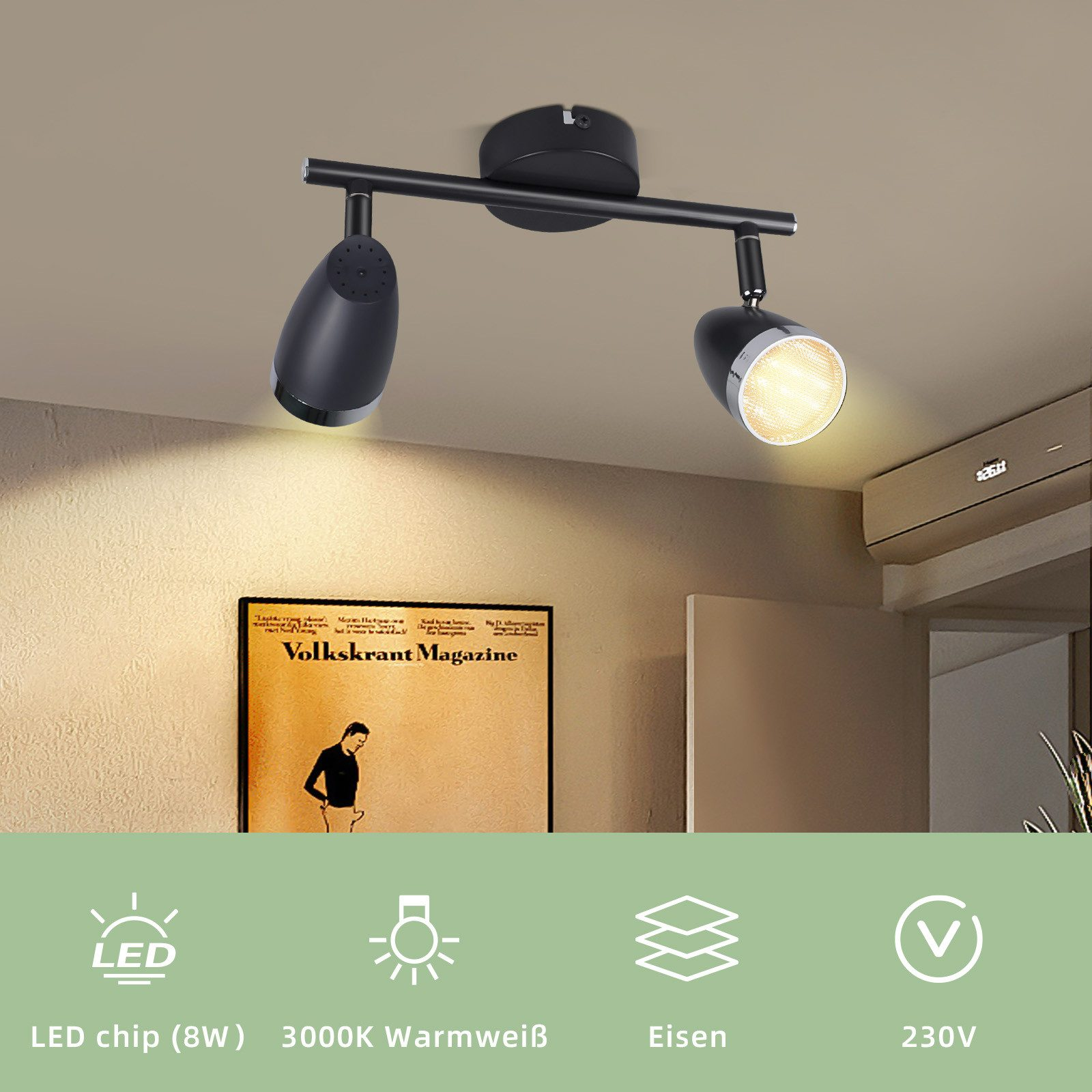 Czarne reflektory na czarnym drążku. Plakat w tle i ikony poniżej.