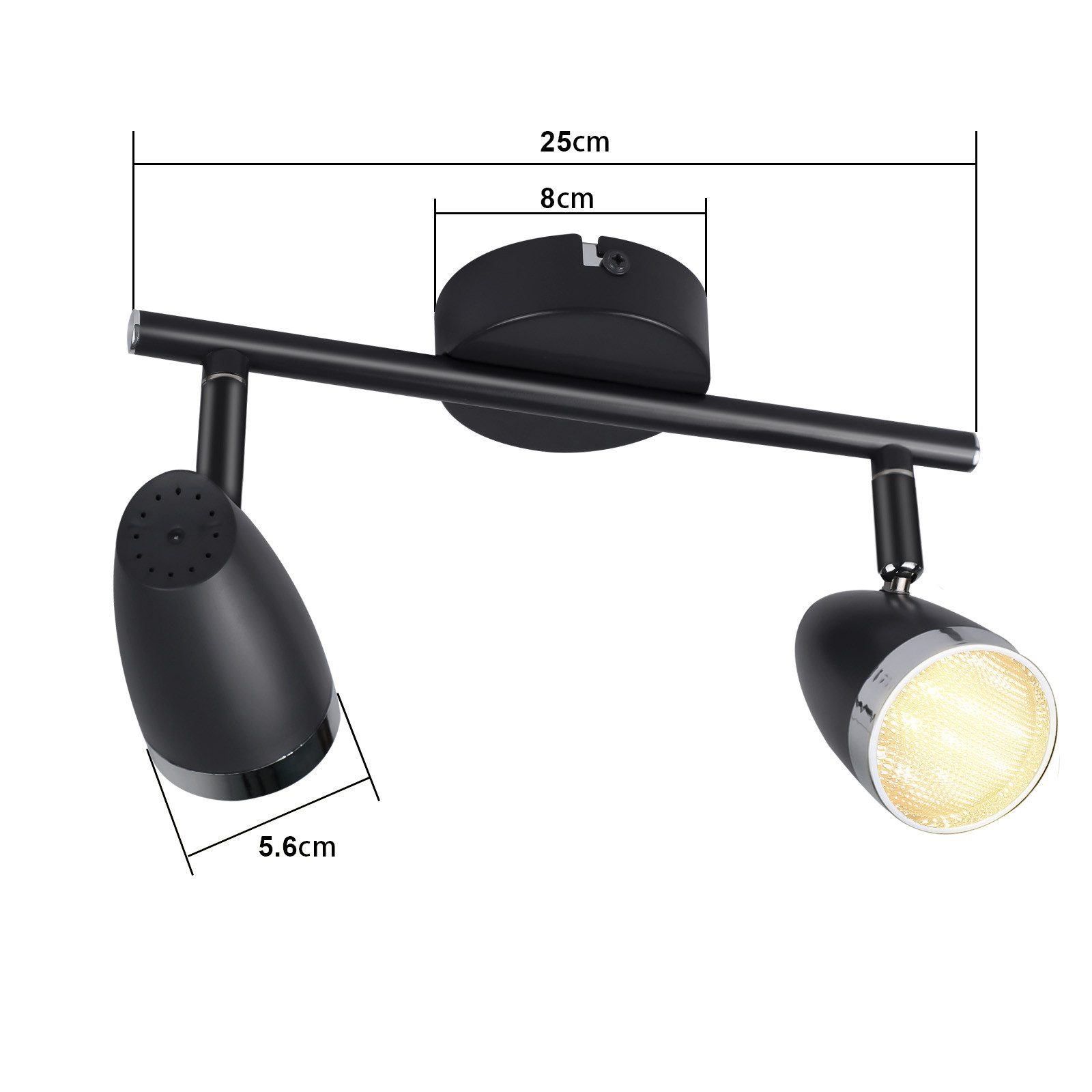Apparecchio di illuminazione a binario nero. È montato su una base nera. Le dimensioni sono 25 cm, 8 cm e 5,6 cm.