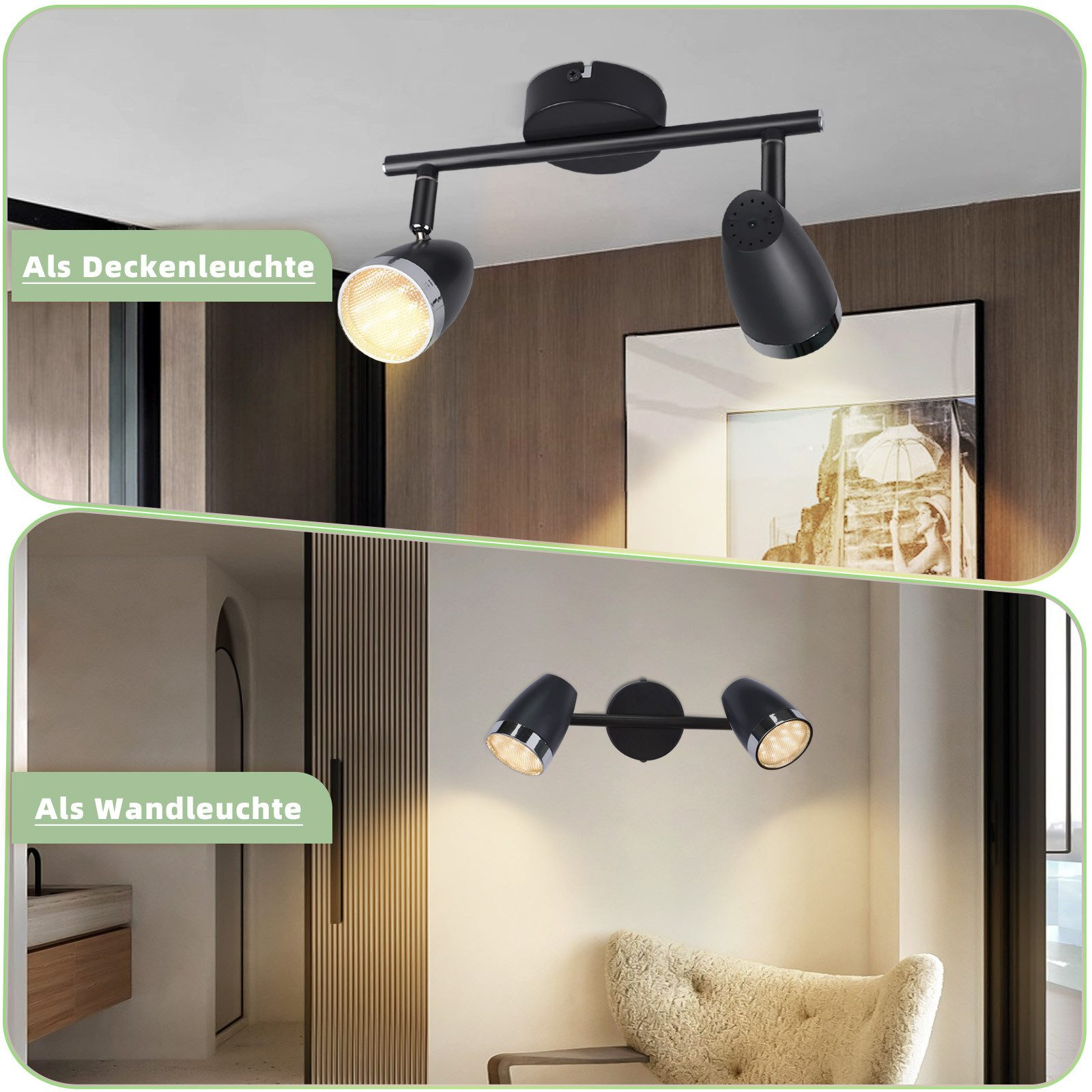 Faretti da soffitto e faretti da parete neri, ciascuno con due luci, su sfondo bianco.