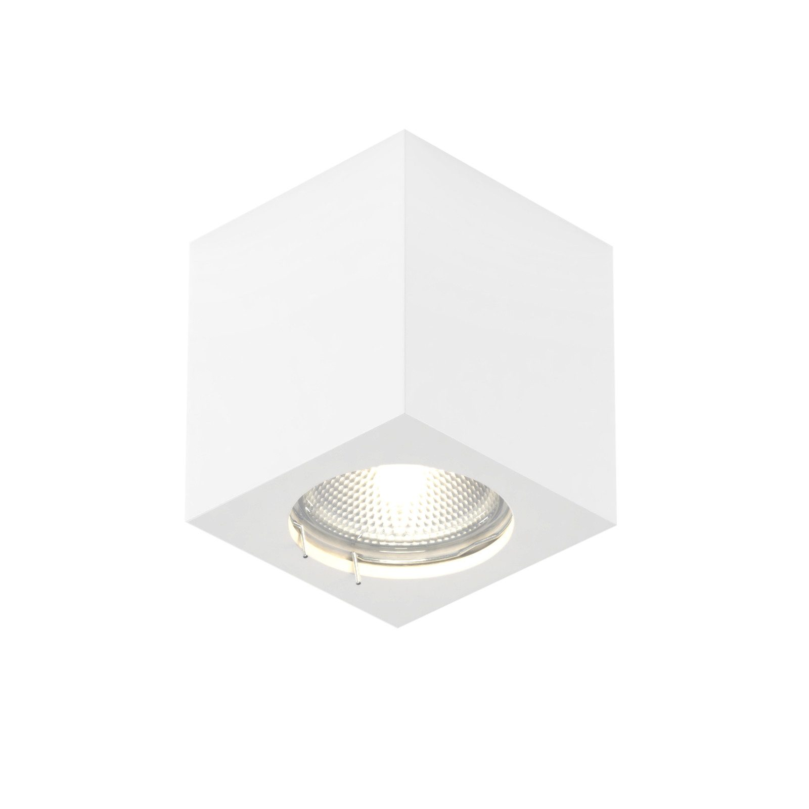 Lampada da soffitto bianca a forma di cubo con una luce ad incasso, sfondo bianco.