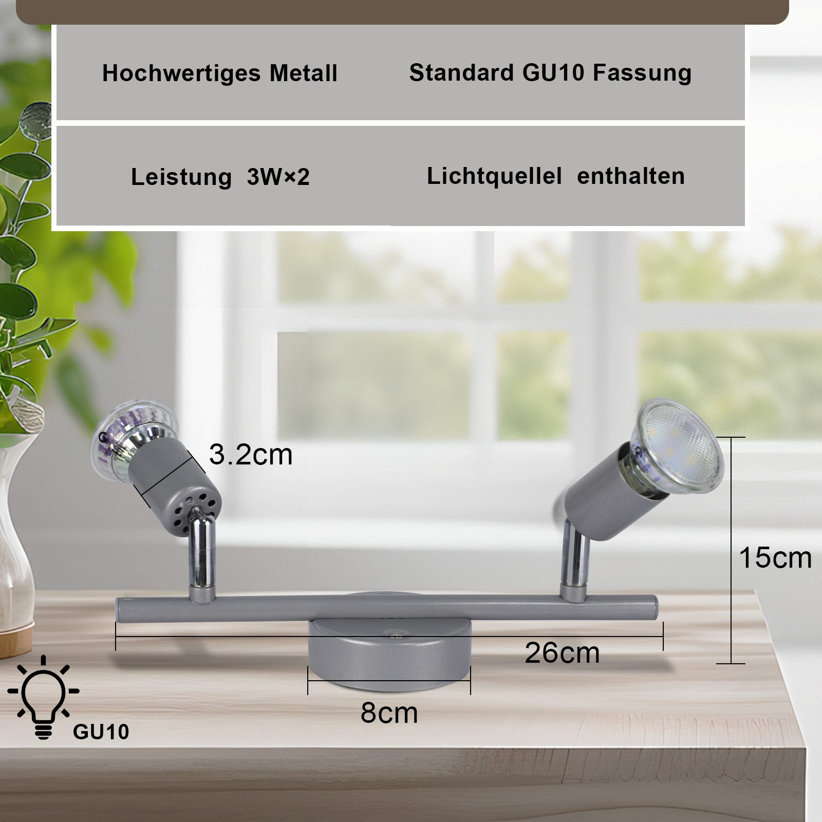 Dwie szare lampy punktowe przymocowane do poziomego pręta, z wymiarami i szczegółami technicznymi.