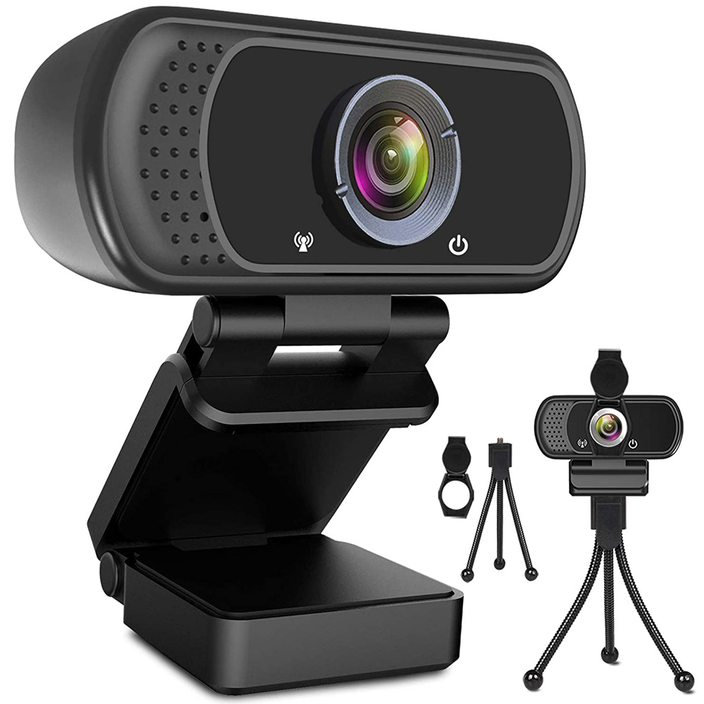 Eine schwarze Webcam mit Linse und kleinem Stativ, vor weißem Hintergrund.
