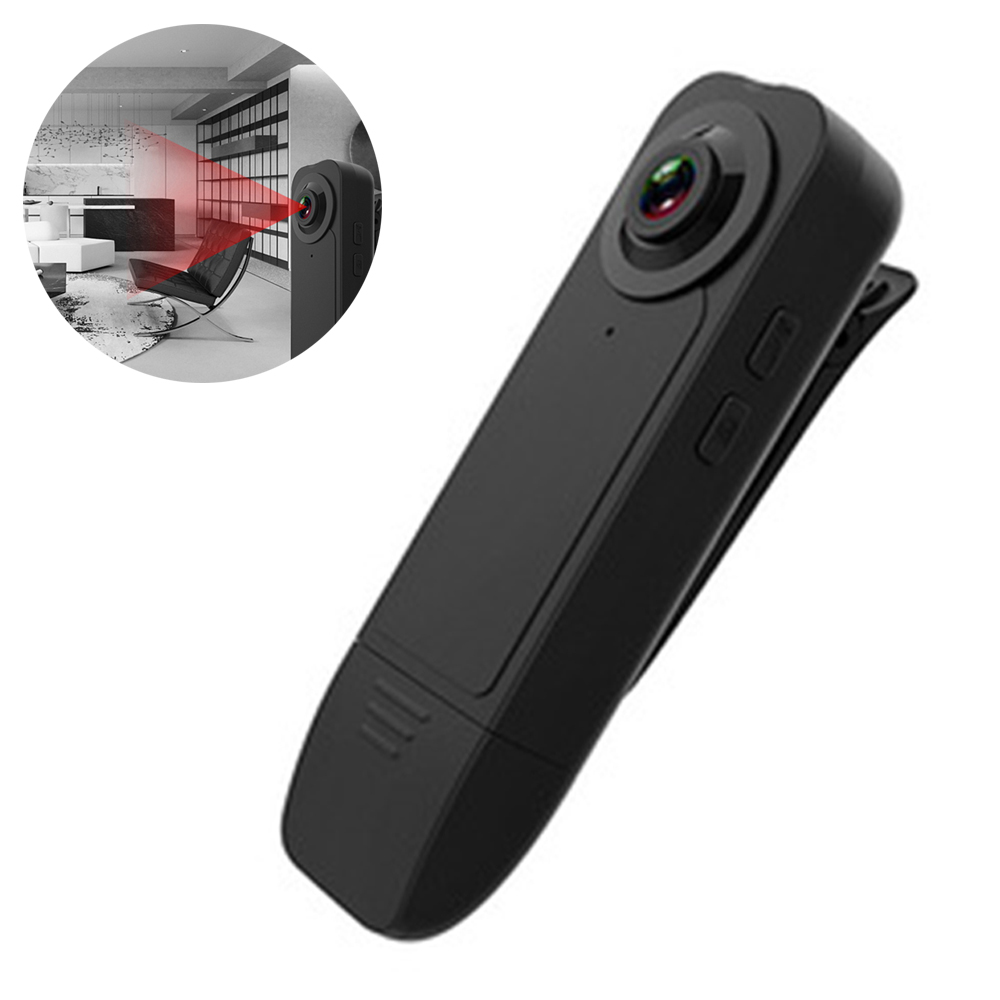 Eine schwarze Clip-On-Spionagekamera mit rotem Licht und unscharfem Hintergrund.