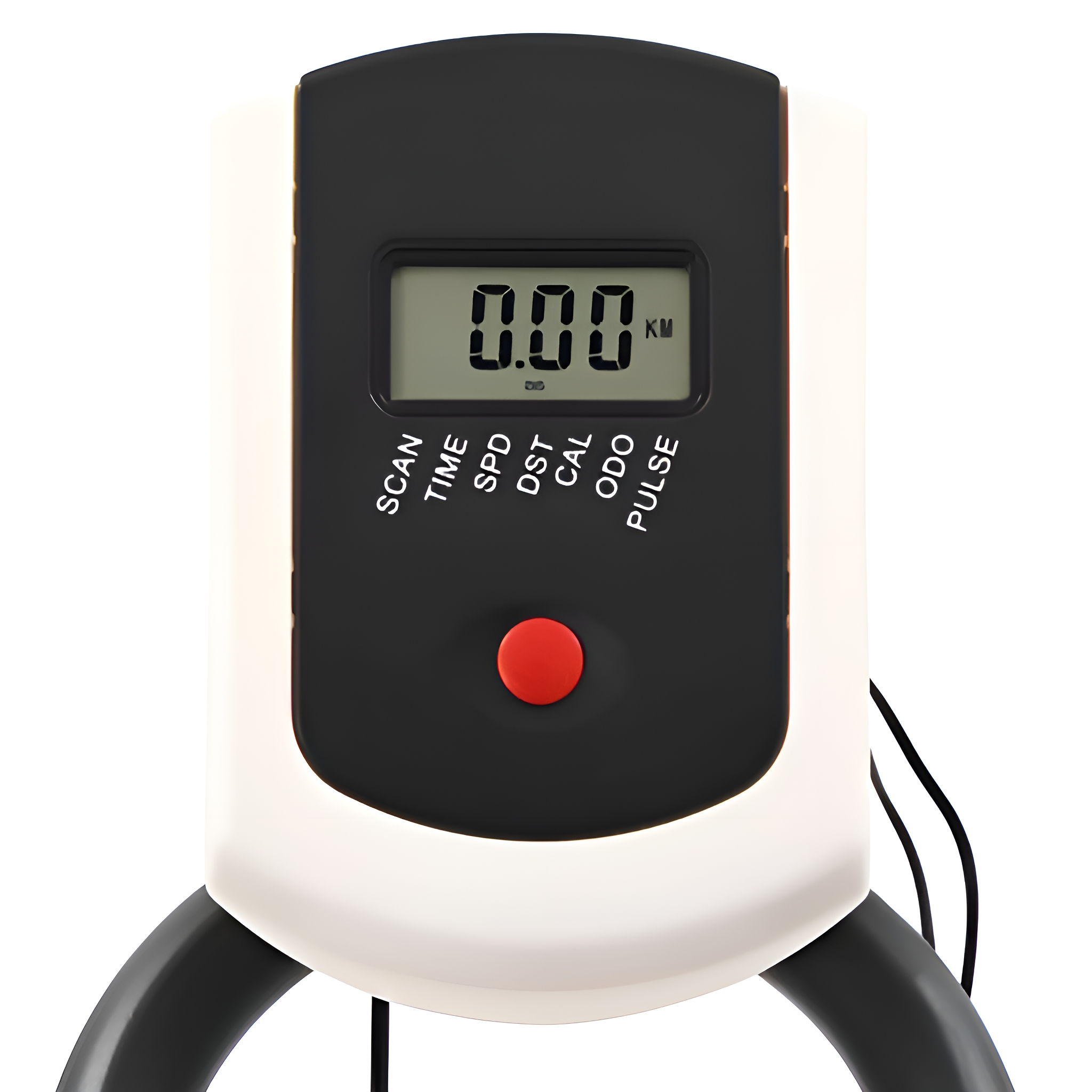 Nahaufnahme einer Heimtrainer-Konsole, die 0,00 km anzeigt, mit Tasten für Scan, Zeit und andere Metriken.
