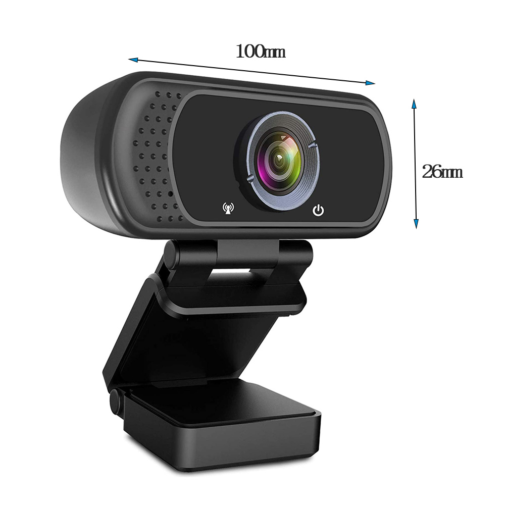 Eine schwarze Webcam mit Linse, Mikrofon und Ein-/Ausschalter, montiert auf einem schwarzen Ständer.