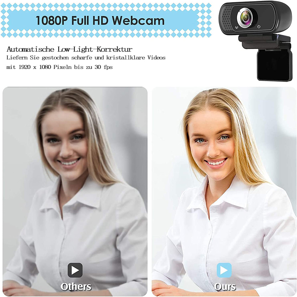 Eine Webcam, die eine Frau zeigt und ein dunkleres Bild mit einem helleren, korrigierten Bild vergleicht.