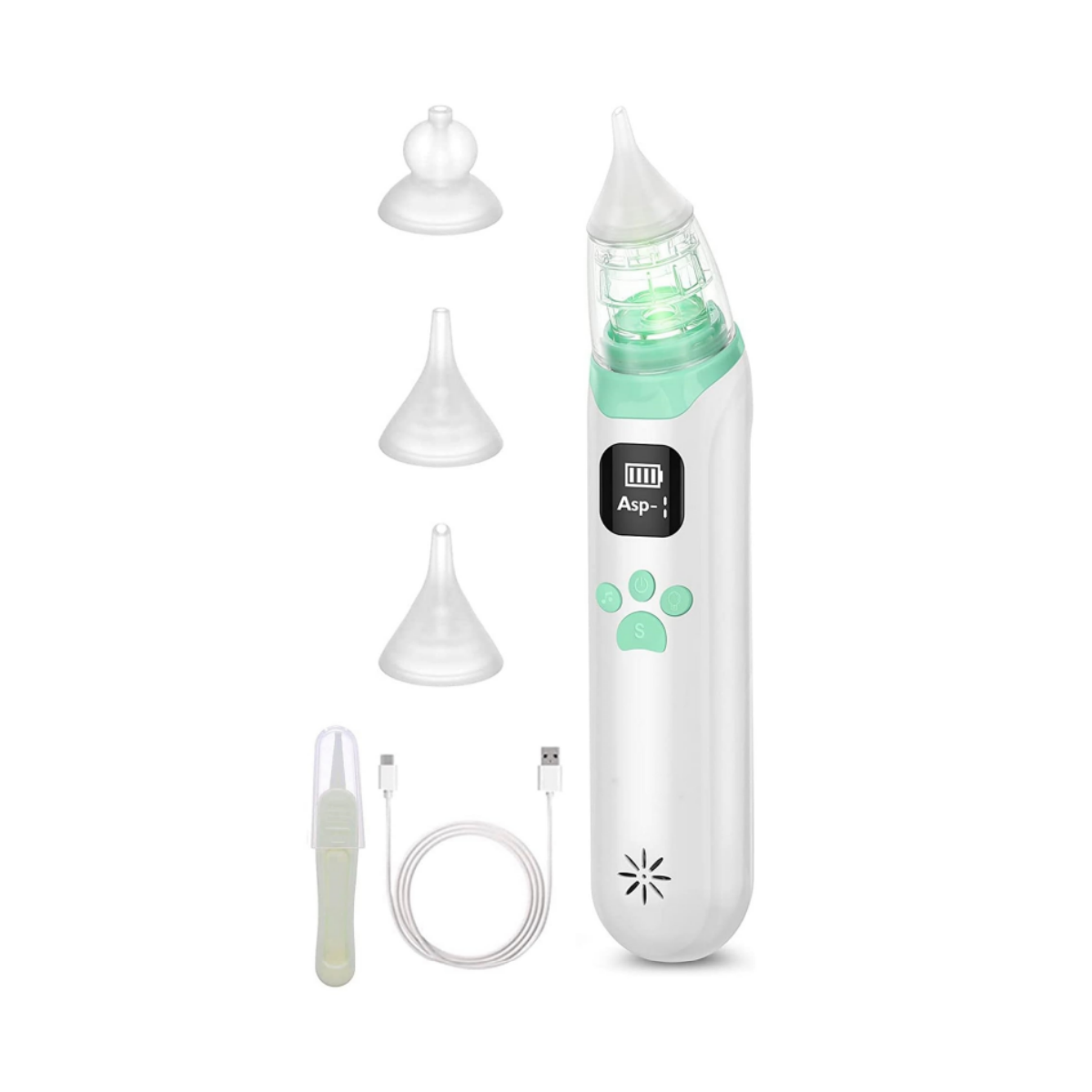 Weiß-grüner Baby-Nasensauger mit verschiedenen Aufsätzen, USB-Kabel und Ladegerät.