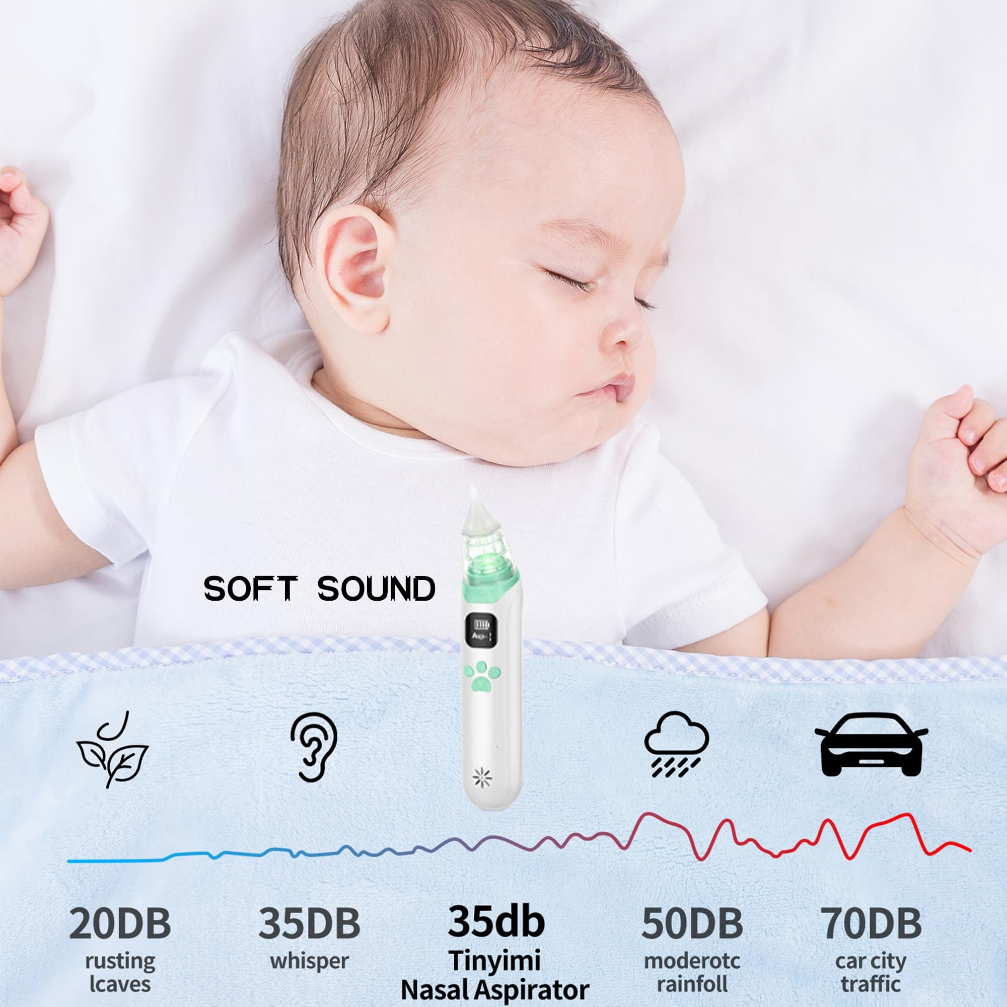Ein Baby schläft auf einem Bett. Ein Nasensauger liegt daneben. Schallpegelanzeigen unten.