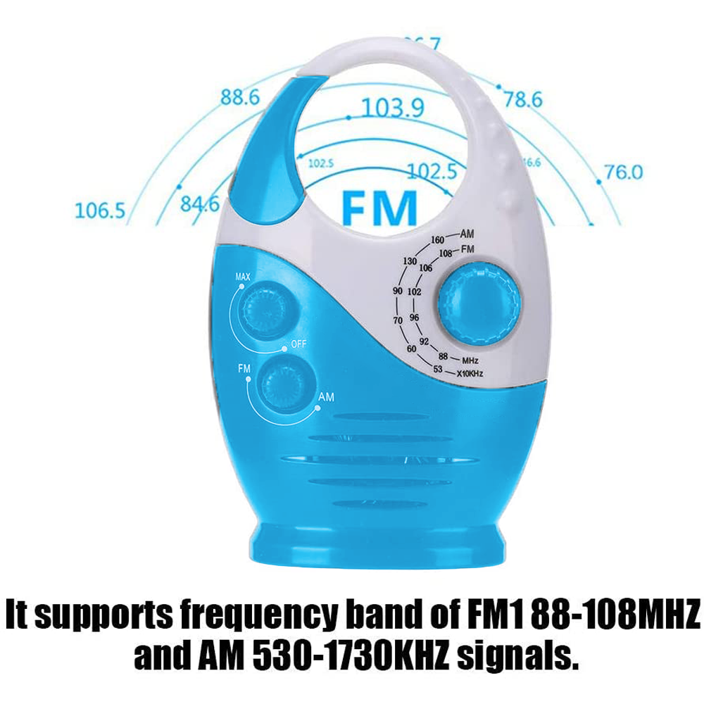 Blau-weißes Radio mit Einstellrad, UKW/MW und Frequenzanzeigen. Text am unteren Rand.