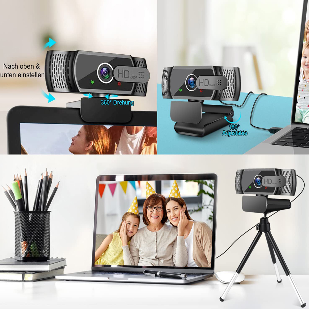Webcams. Eine an einem Laptop, eine auf einem Ständer und eine an einem Monitor. Drei Personen sind auf dem Bildschirm.