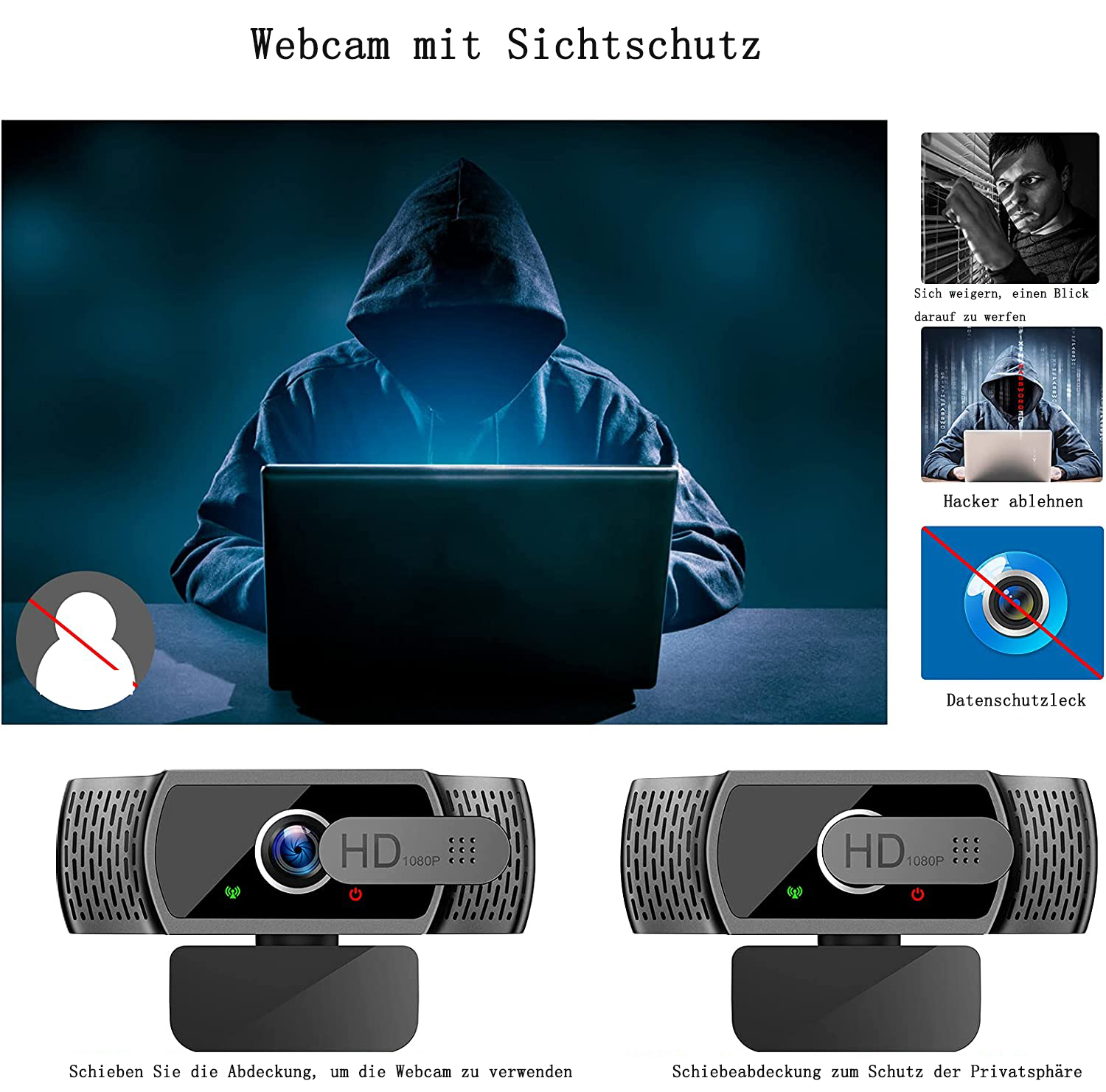 Webcam mit Sichtschutz und zugehörigen Bildern, darunter eine Person mit Kapuze, die einen Laptop benutzt.