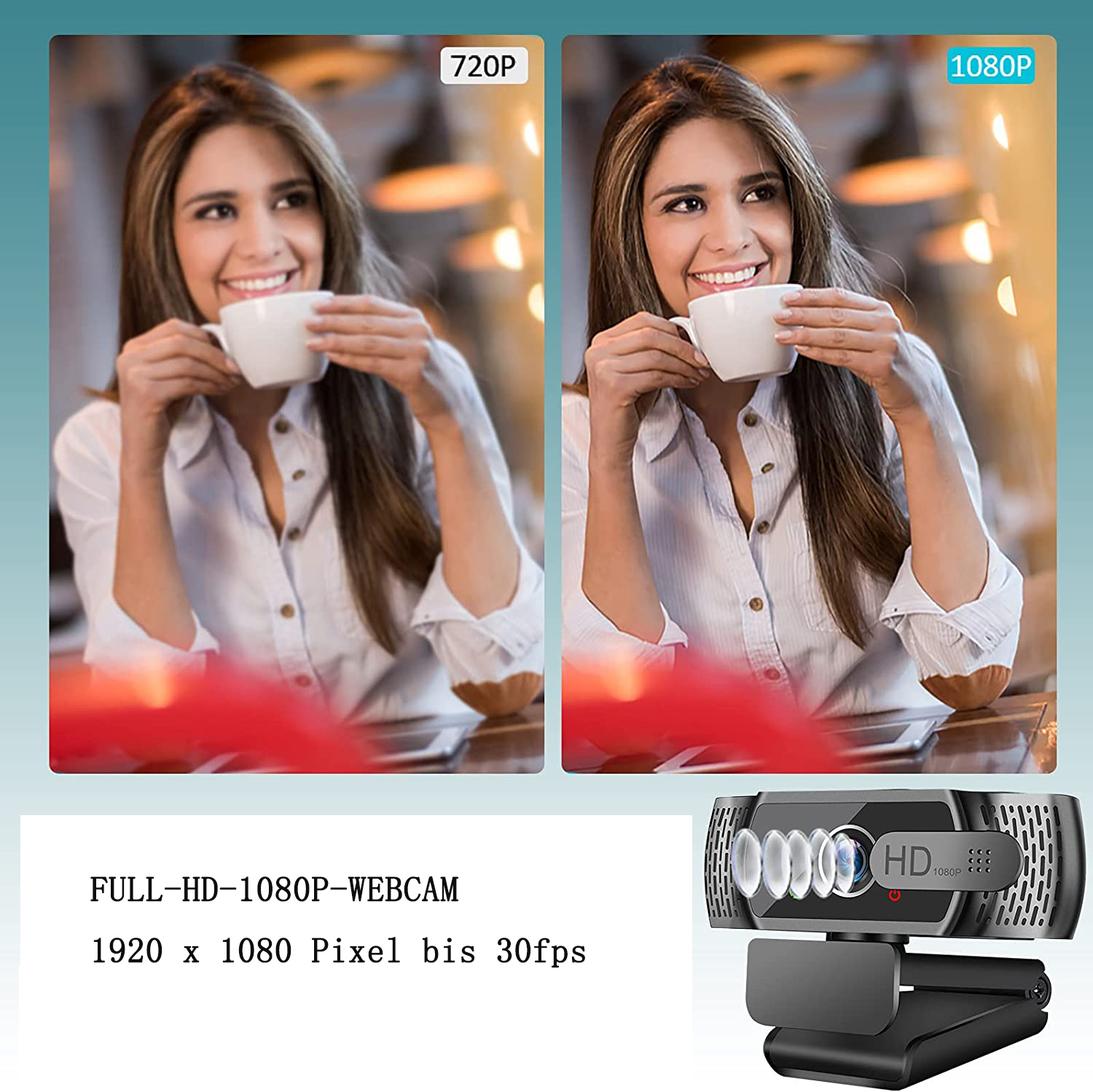 Frau hält eine weiße Tasse, zwei Bilder, 720P und 1080P Auflösung. Webcam unten.