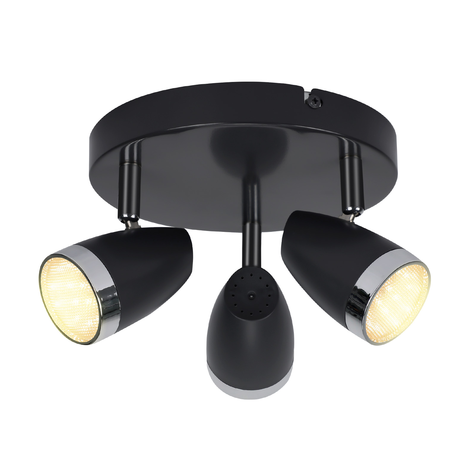 Faretto da soffitto nero con tre lampade regolabili, dettagli cromati e sfondo bianco.