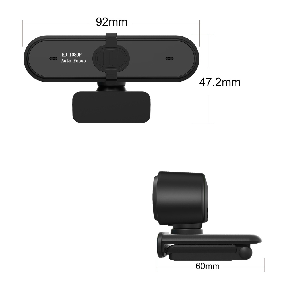 Schwarze Webcam mit Maßen und zwei Ansichten: von oben und von der Seite. Beschriftet HD 1080P und Autofokus.
