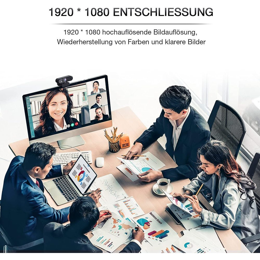 Geschäftstreffen mit Personen um einen Tisch, die auf einen Computerbildschirm und Dokumente schauen.