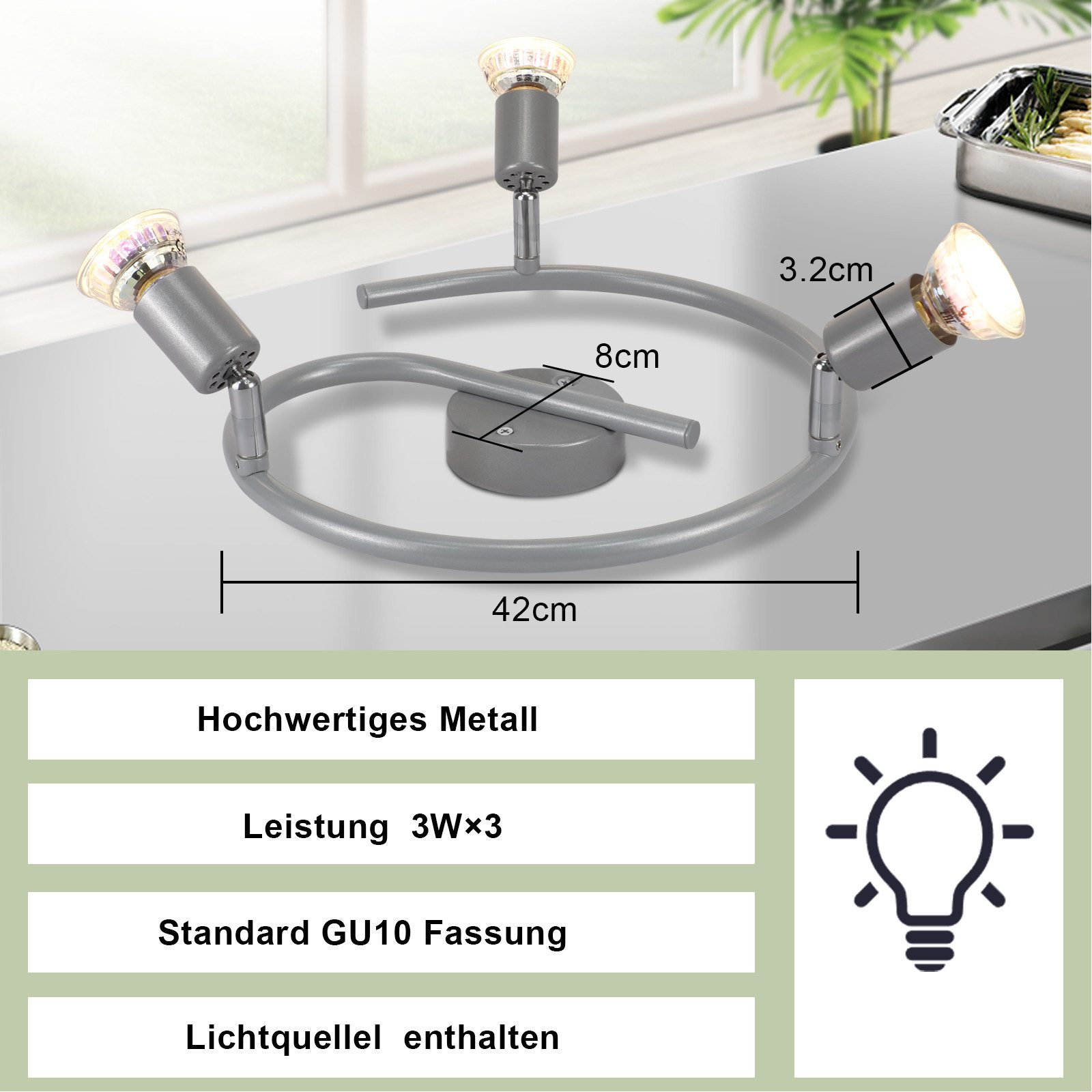 Szara metalowa lampa szynowa z trzema regulowanymi reflektorami, z wymiarami wskazanymi na zdjęciu.