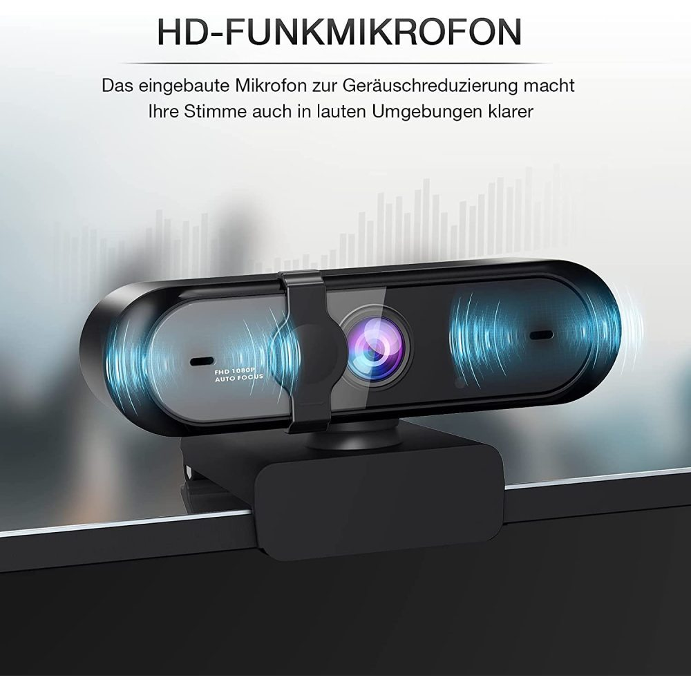 Schwarze Webcam mit Linse, montiert an einem Computerbildschirm.