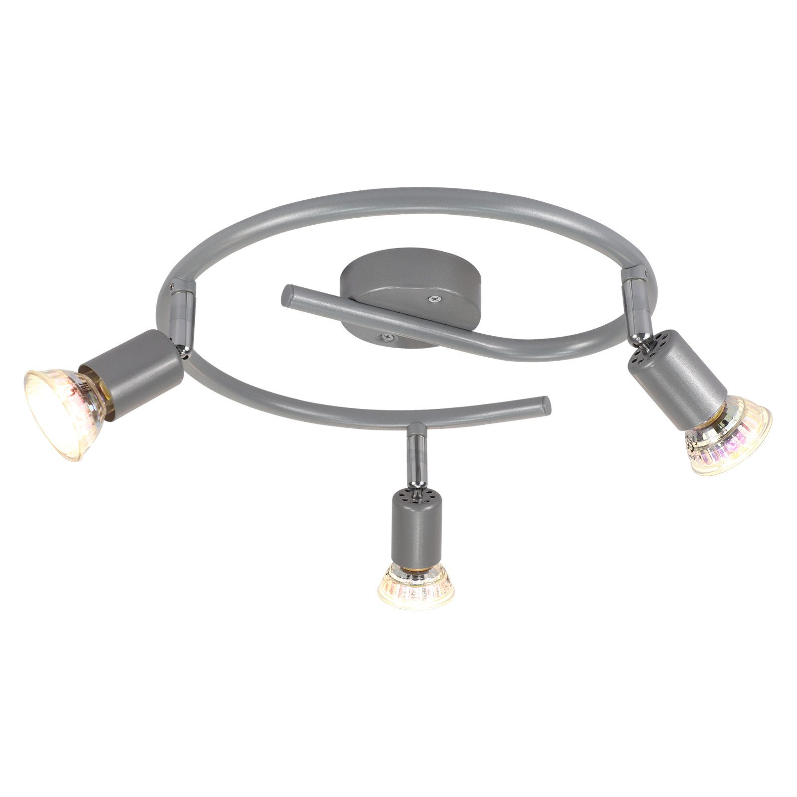 Un apparecchio di illuminazione a soffitto con tre luci. Le luci sono grigie e regolabili.