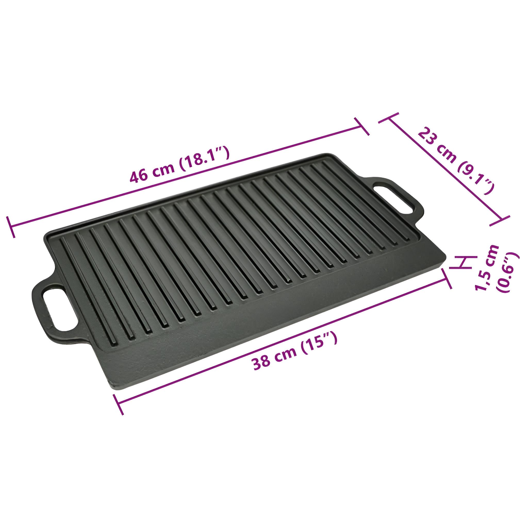 Eine schwarze Grillpfanne mit Abmessungen, die die geriffelte Kochfläche und das Griffdesign zeigt.