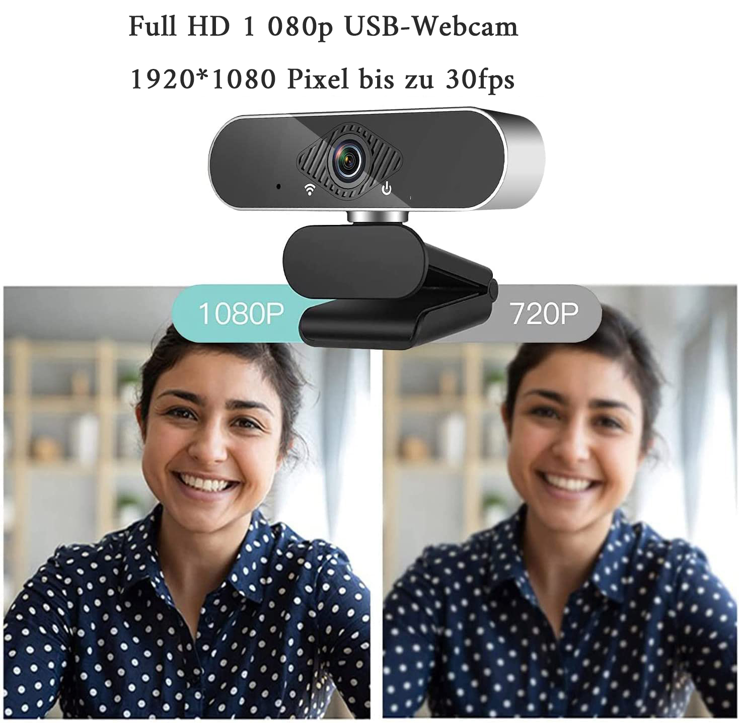 Eine Webcam, die zwei lächelnde Frauen in verschiedenen Auflösungen zeigt, 1080P und 720P. Schwarzer Clip.