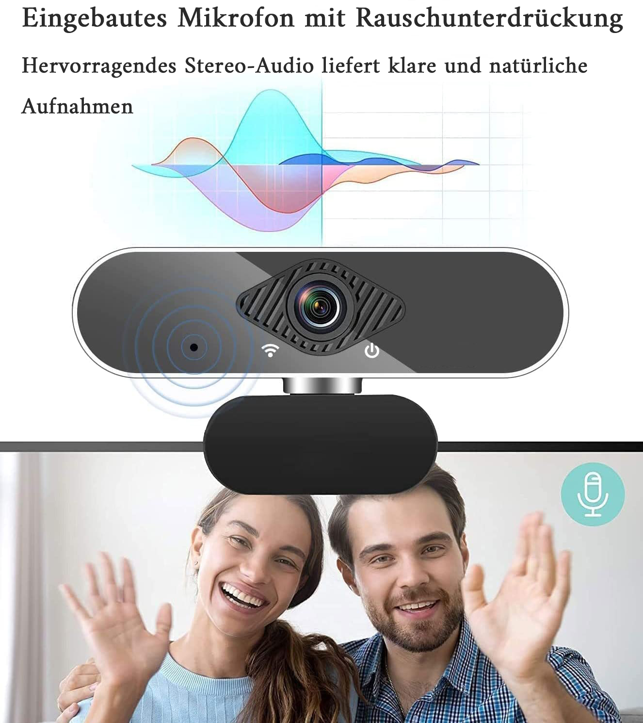 Webcam mit Mikrofon. Zwei winkende Personen.