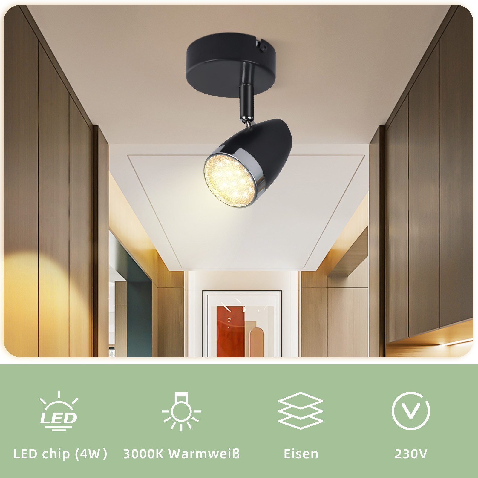 Faretto da soffitto nero, con luce brillante. L'immagine mostra il chip LED e la tensione.