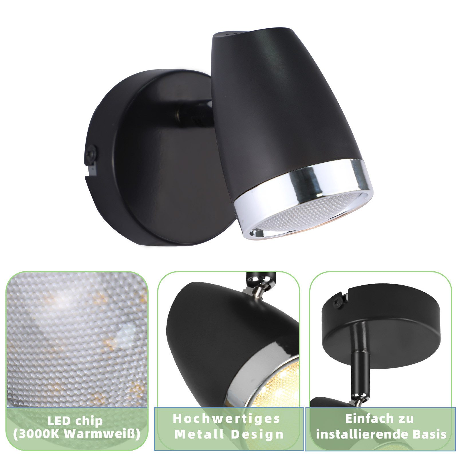 Faretto nero a parete con anello cromato. Dettaglio del chip LED, design in metallo e facile installazione sono mostrati.