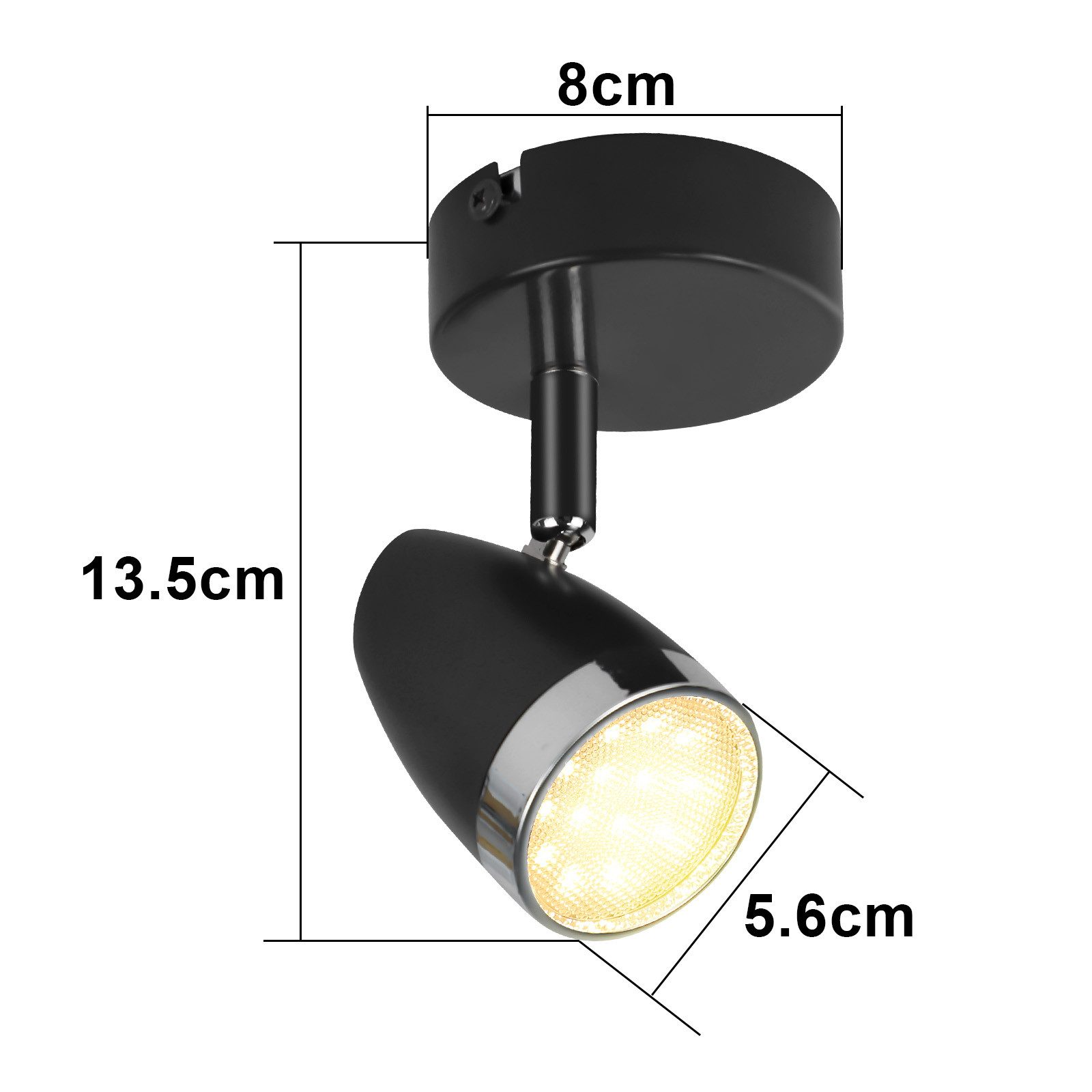 Faretto nero con dimensioni. Ha una base circolare e un corpo cilindrico con luci a led.