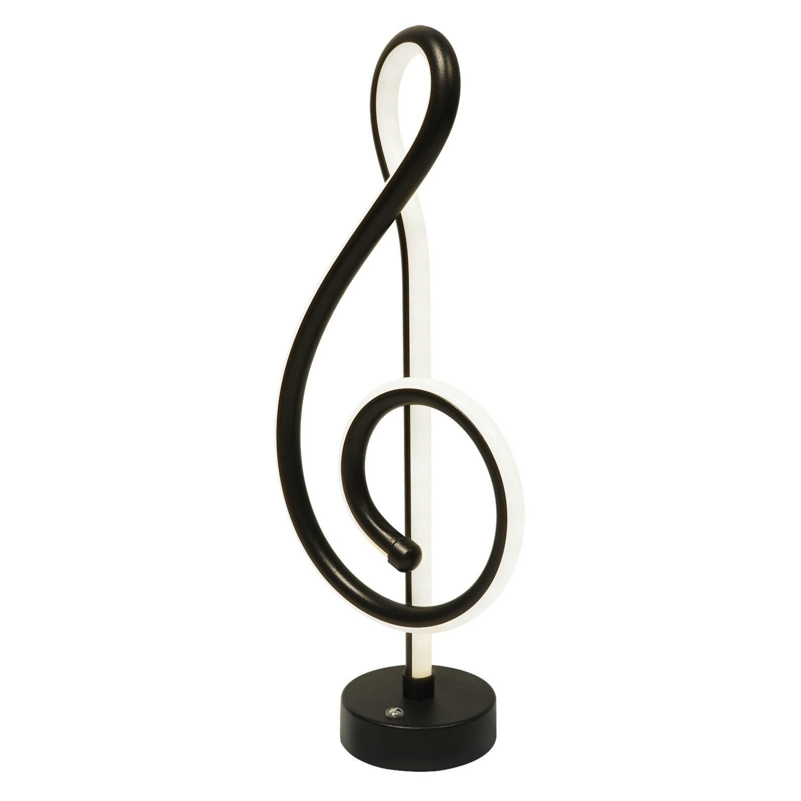 Czarno-biała lampa w kształcie klucza wiolinowego. Stoi na czarnej podstawie i ma białe centrum.