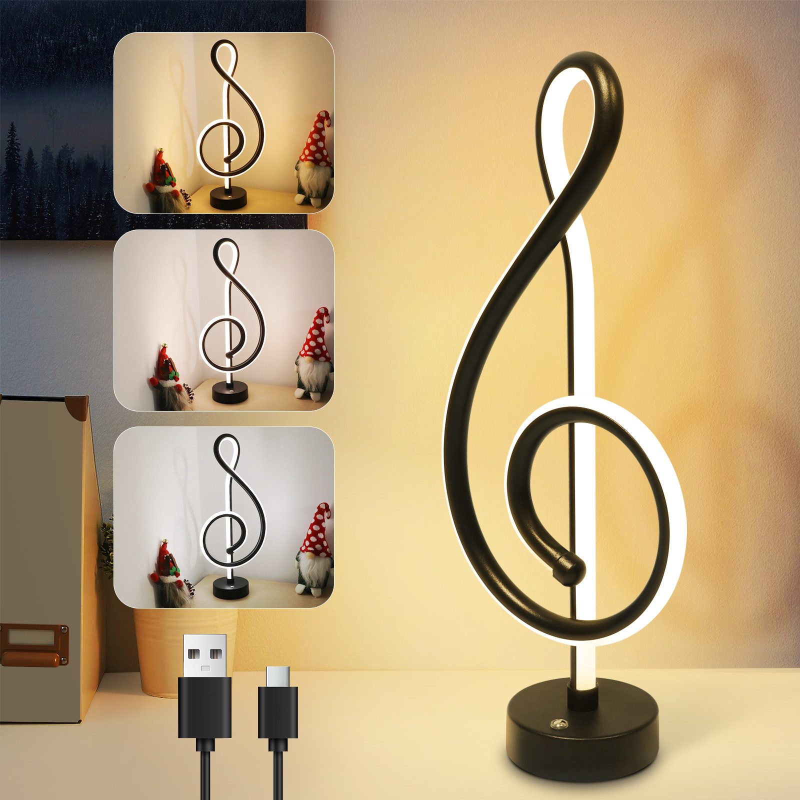 Czarno-biała lampa w kształcie nuty na stole. Obecne kable USB i Type-C.