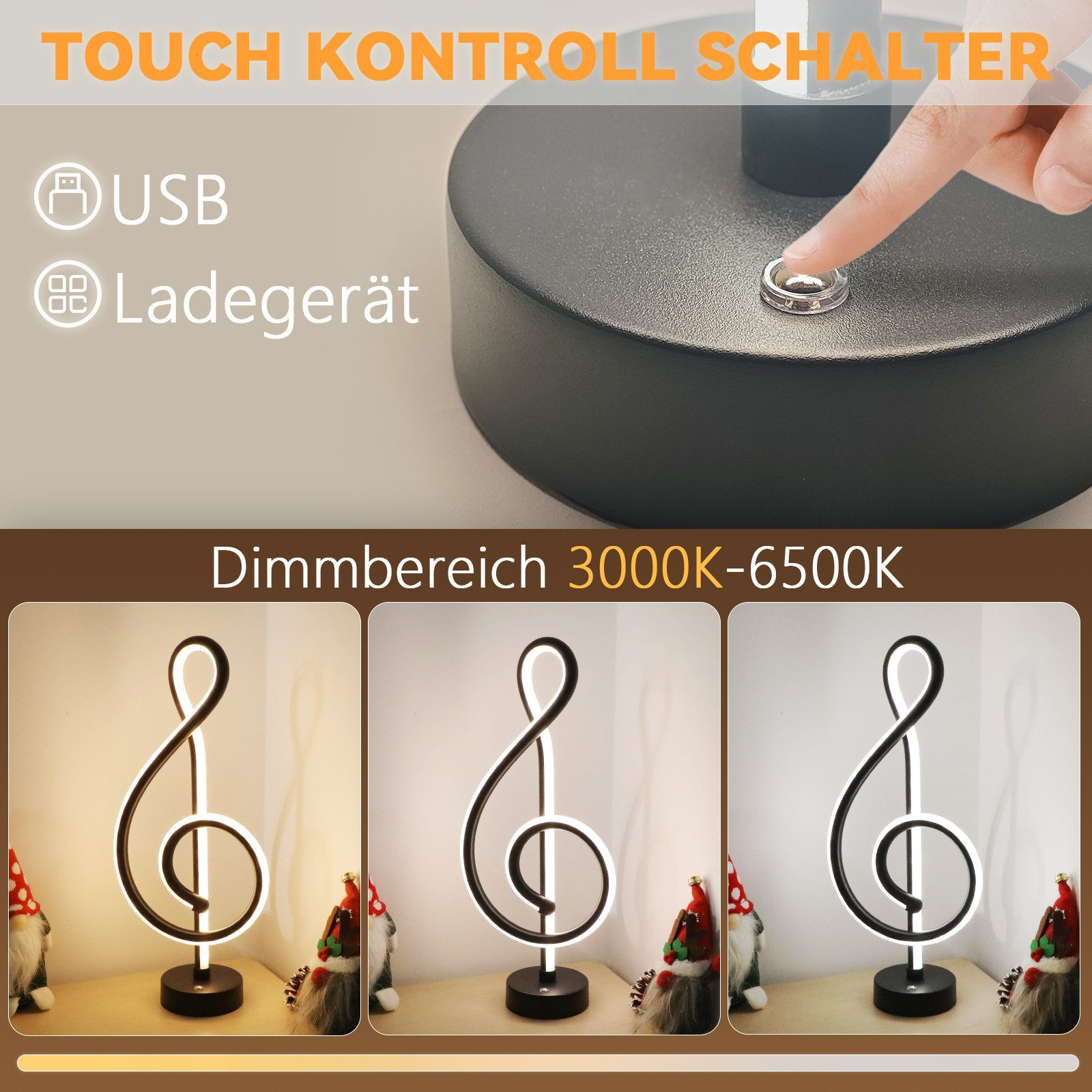 Lampa z kontrolą dotykową w kształcie klucza wiolinowego, z regulowanymi ustawieniami światła i krasnalami.