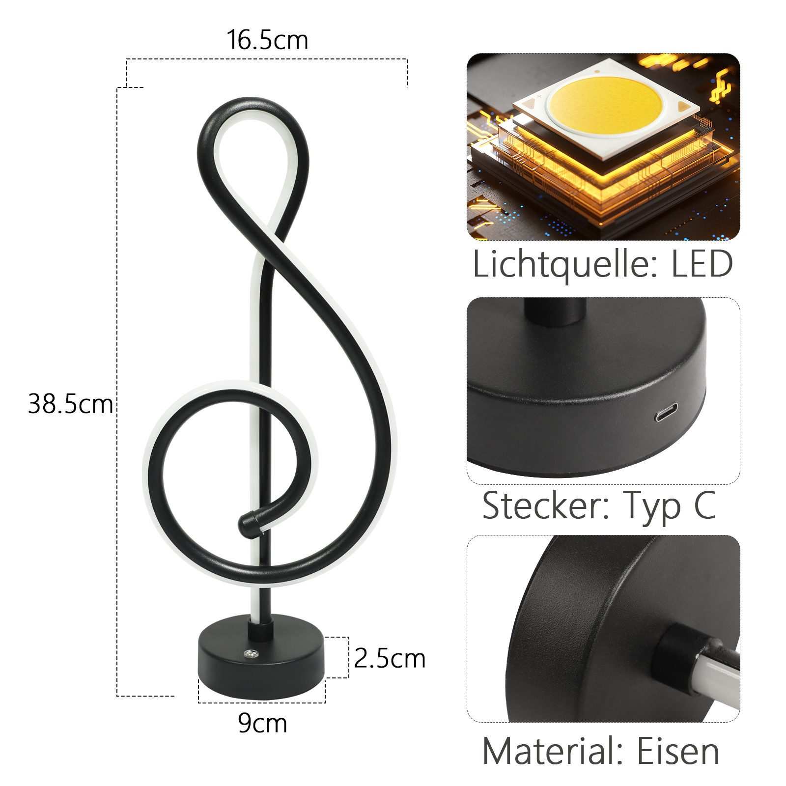 Czarno-biała lampa w kształcie nuty z oświetleniem LED. Pokazano wymiary i szczegóły materiału.