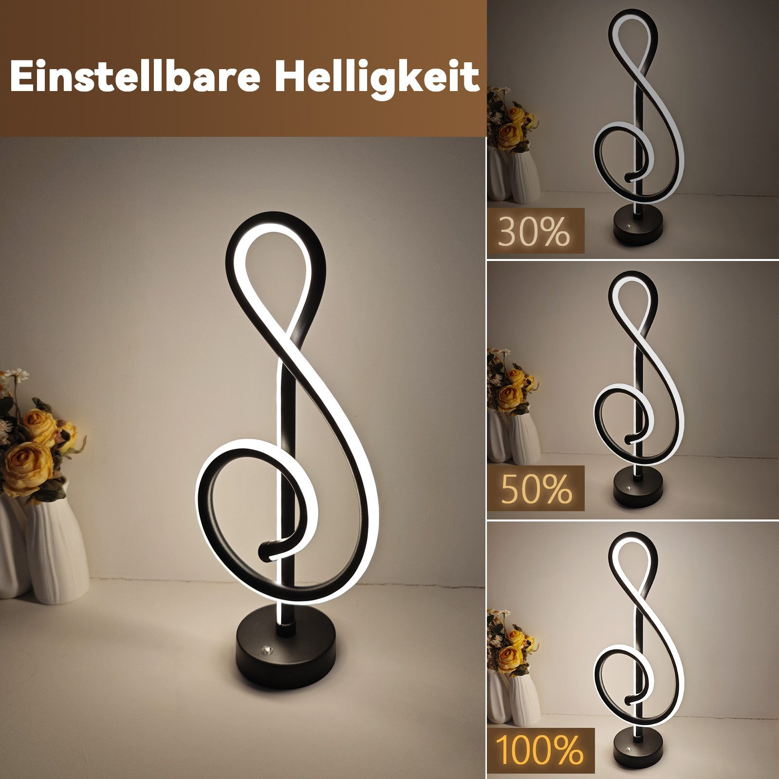 Czarno-biała lampa LED w kształcie nuty, z trzema ustawieniami jasności.