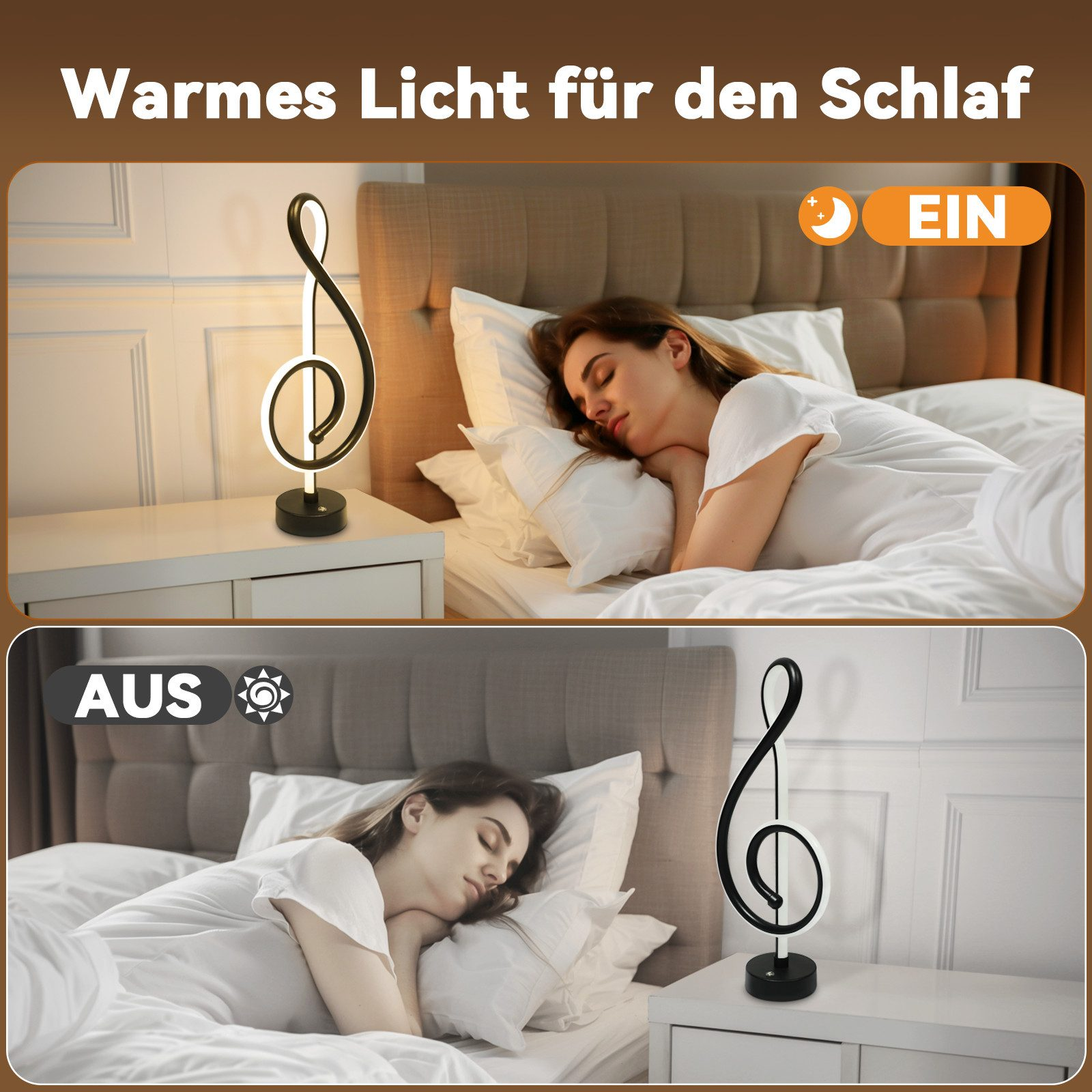 Kobieta śpiąca w łóżku i czarna lampa z kluczem wiolinowym, ze wskaźnikami włączenia/wyłączenia.