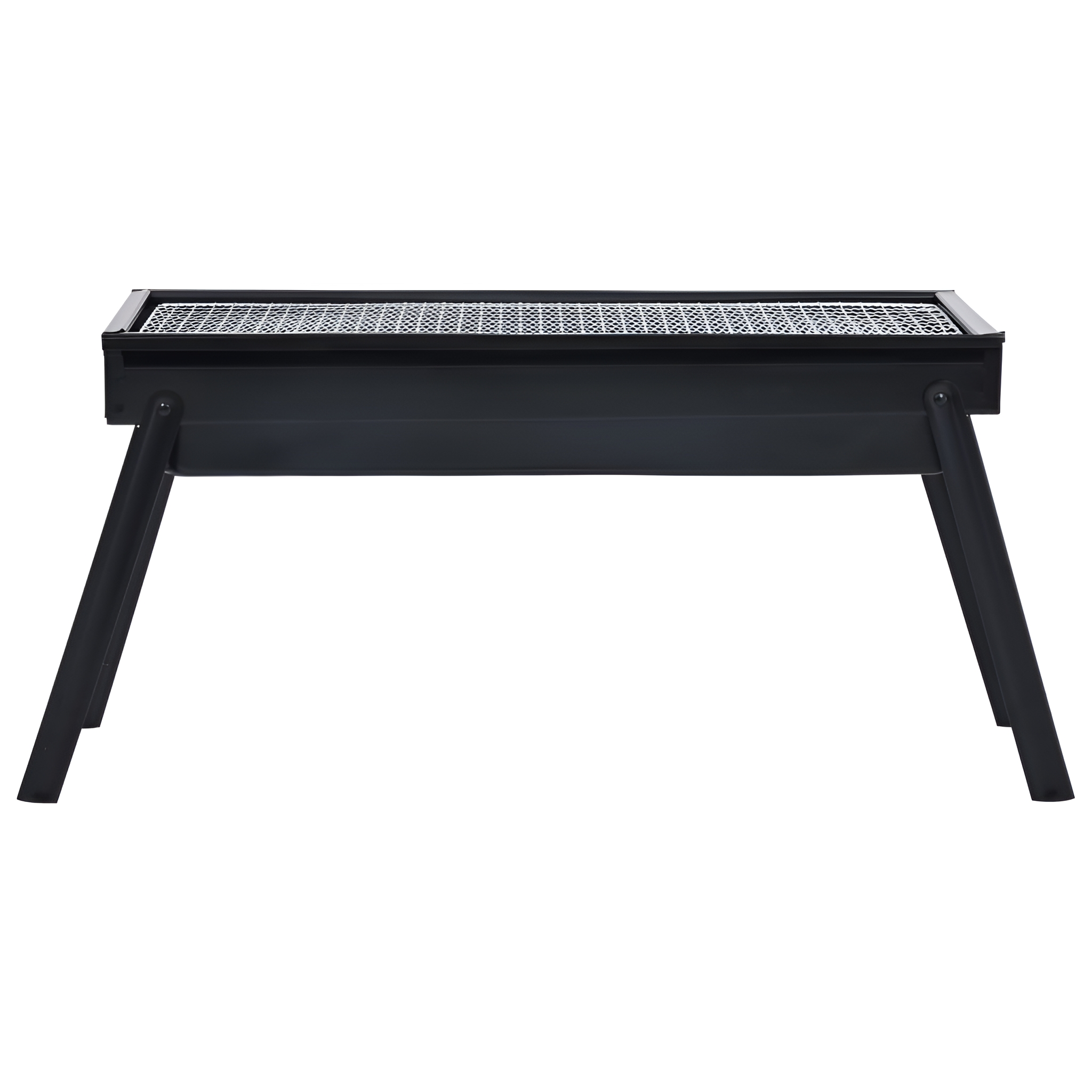 Schwarzer Grill auf weißem Hintergrund. Der Grill ist rechteckig mit Beinen.