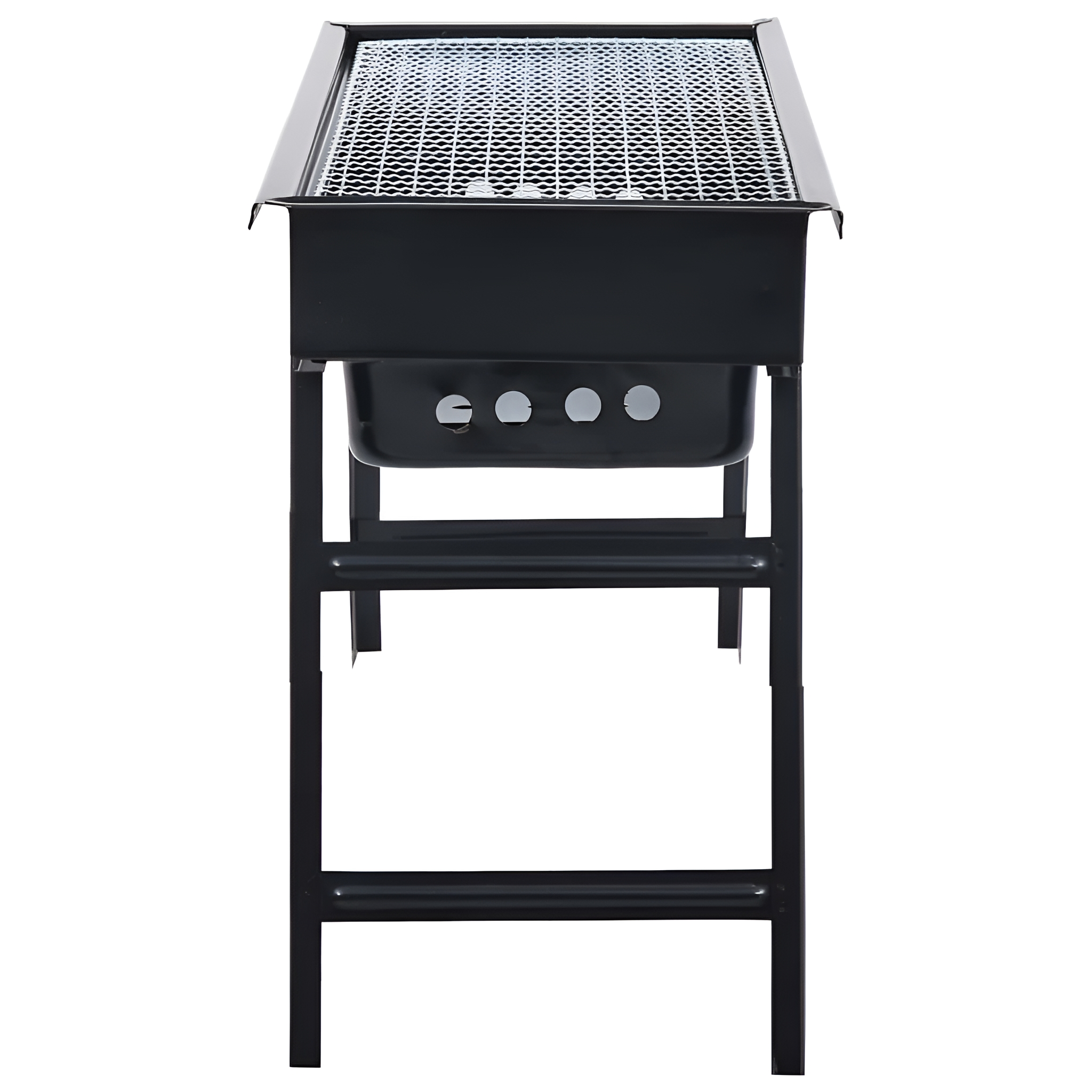 Schwarzer Holzkohlegrill mit Metallrost und schwarzem Rahmen. Er steht auf weißem Hintergrund.