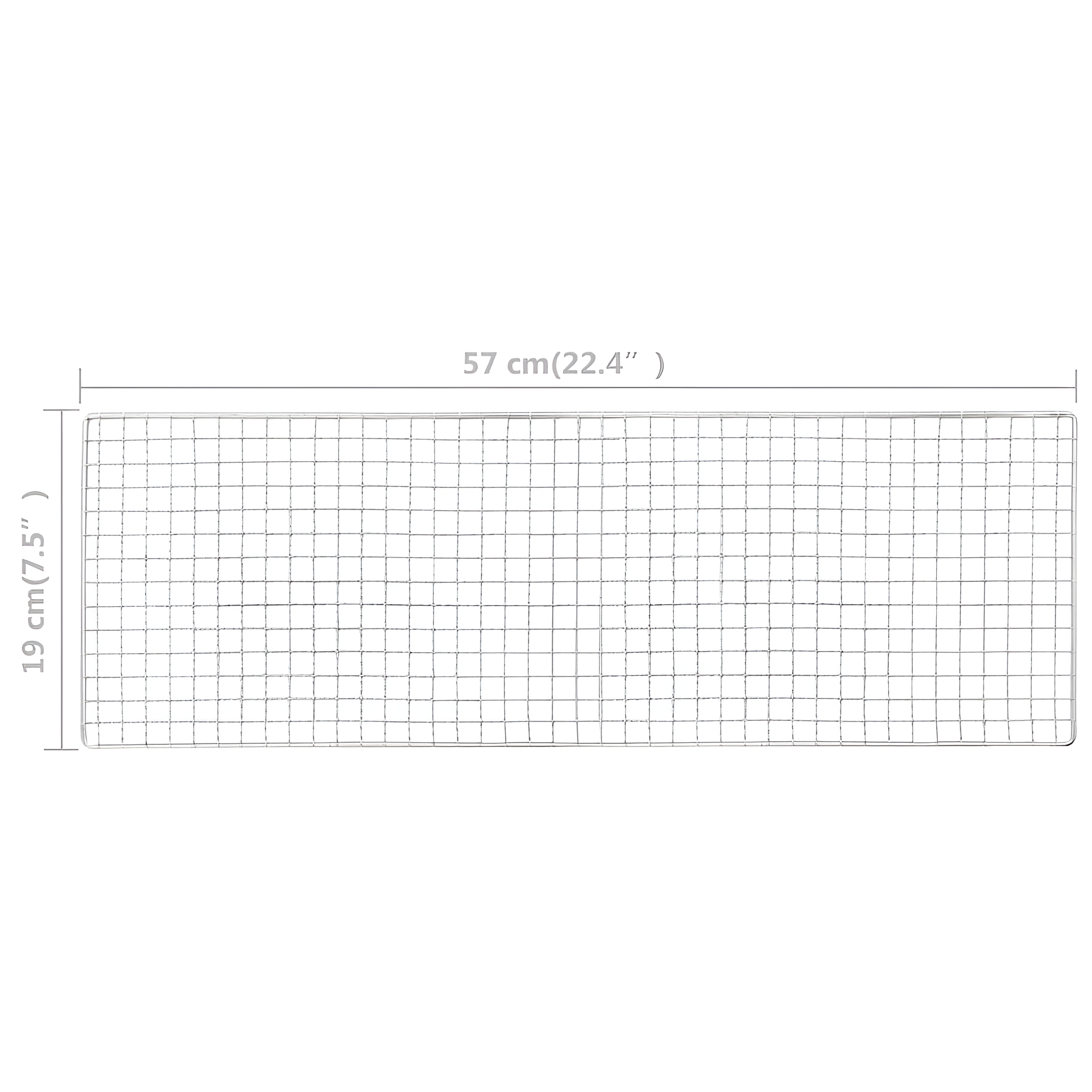 Ein rechteckiges Metallgitter. Es ist 57 cm lang und 19 cm breit, mit weißem Hintergrund.