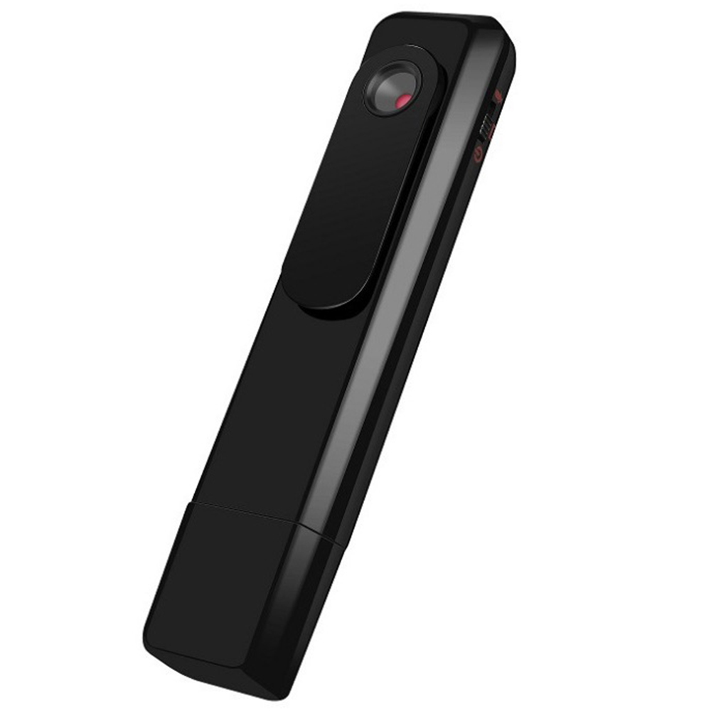 Schwarzes Kameragerät mit Clip, roter Knopf. Weißer Hintergrund.