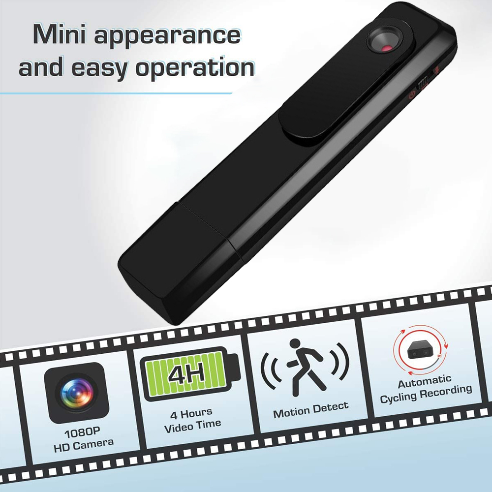 Schwarze Mini-Kamera mit 1080p HD-Kamera, 4 Stunden Videozeit, Bewegungserkennung und automatischer Aufnahme.